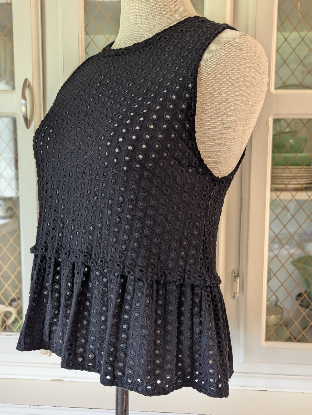 Wilfred Cottagecore Polkadot Eyelet Peplum Stretch Mesh Sleeveless Top
